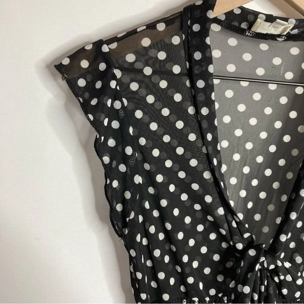 Y2K Lashes Mesh Blouse Black White Polka Dots Deep V Neck Small